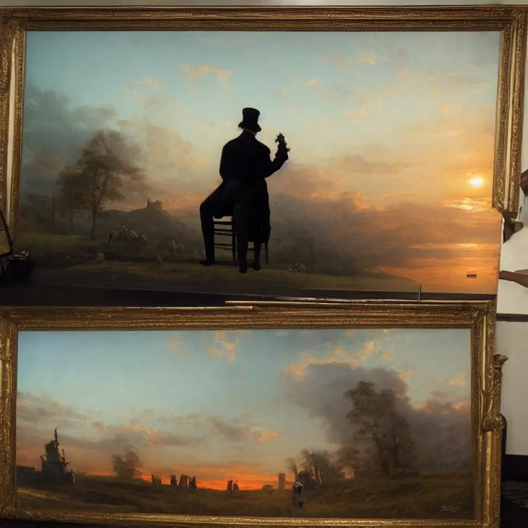 Prompt: romantic painting, wide shot of a lone gentleman in 1 9 th century clothing watching an enormous television screen playing a football game in front of a shocking sunrise, highly detailed, sublime, hyperrealistic, painted by caspar david friedrich and albert bierstadt, trending on artstation 8 k