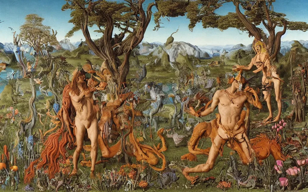 Prompt: a portrait photograph of a meditating centaur shaman and a flayed venus feeding reptiles at a wide river delta. surrounded by bulbous flowers, animals and a few trees. mountain range under a vast blue sky of burning stars. painted by jan van eyck, max ernst, ernst haeckel, ernst fuchs and artgerm, trending on cgsociety