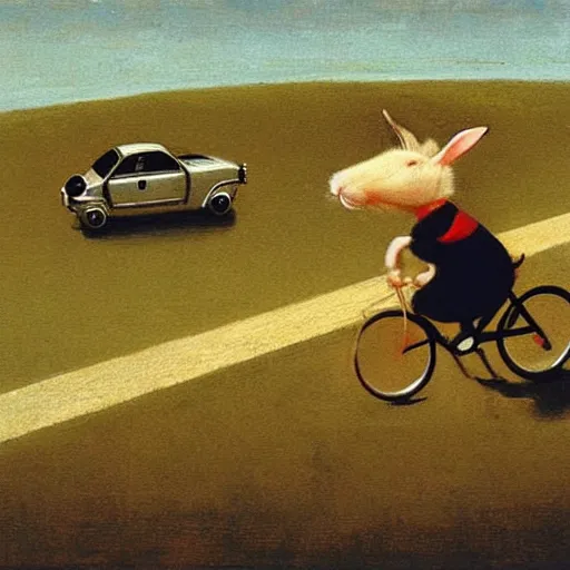 Image similar to a rabbit is chasing a car on a bicycle, by michael sowa.