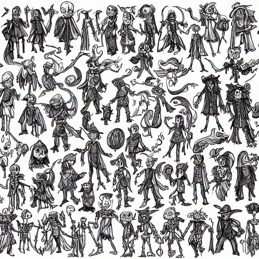 Image similar to set of characters'sprites, containing a cute wizard and skeleton enemies of different magic types, colored lineart from