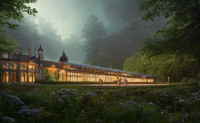 Image similar to exterior shot of utopian victorian train station on in the middle of an english garden with cinematic lighting by peter zumthor and renzo piano, darek zabrocki and greg ruthkowski, simon stalenhag, cinematic, holy place, paradise, scifi, futurism, atmospheric, concept art, artstation, trending on artstation