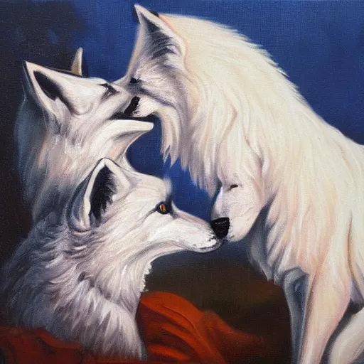 Image similar to A White Wolf kissing a Fox, oil painting