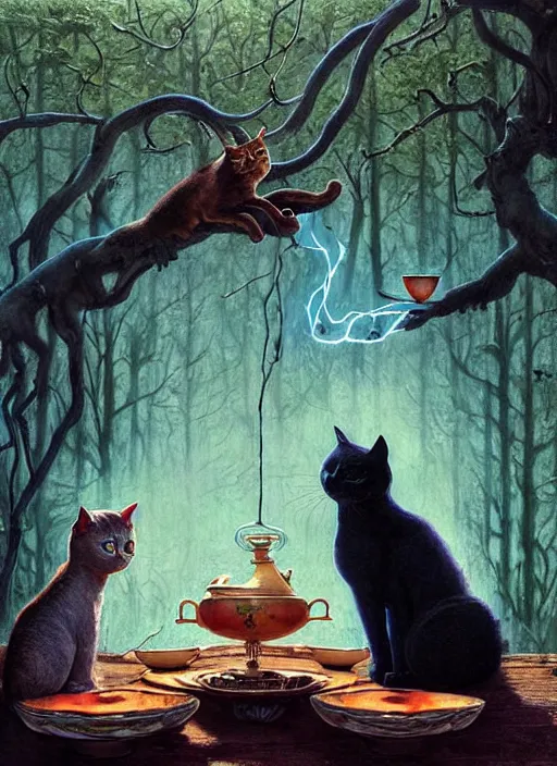 Prompt: cat having tea with a sorceress at a shrine in the woods gorgeous lighting, lush forest foliage blue sky a hyper realistic painting by chiara bautista and beksinski and norman rockwell and greg rutkowski weta studio, and lucasfilm