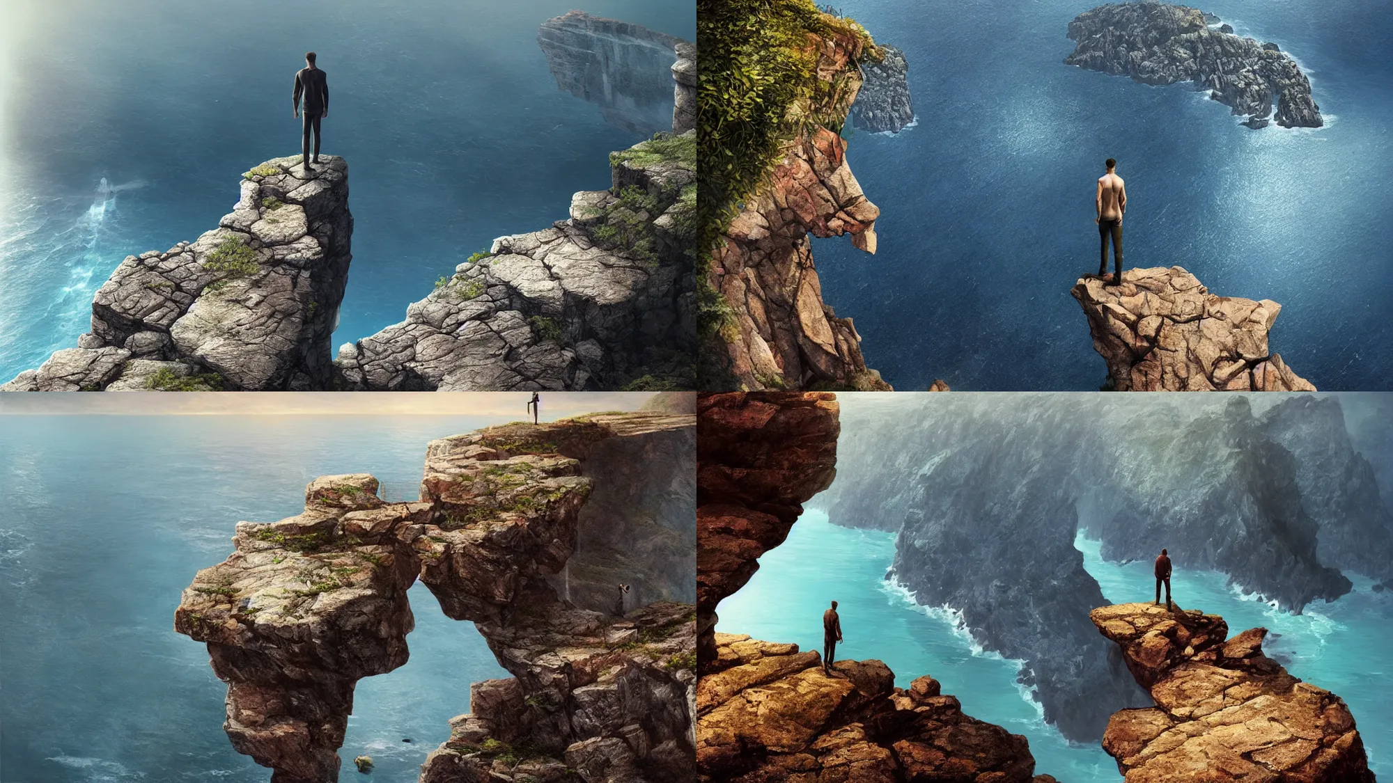 Prompt: A man standing on the edge of a rocky cliff, sapphire waters below, 4k, trending on Artstation, award-winning photograph, art by Greg Rutkowski, Igor Morski