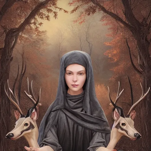 Image similar to A masterpiece ultrarealistic ultradetailed portrait of a Incredibly beautiful maid baroque renaissance swamp nun girl with darth vaider head hunting on deer with russian greyhound medium shot, intricate, elegant, highly detailed. trending on artstation, digital art, by Stanley Artgerm Lau, WLOP, Rossdraws, James Jean, Andrei Riabovitchev, Marc Simonetti, Yoshitaka Amano. background by James Jean and Gustav Klimt, light by Julie Bell, 4k, porcelain skin.