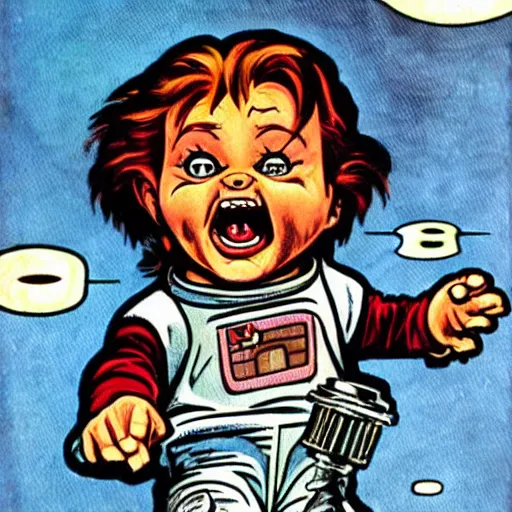 Image similar to a cute little chucky doll screaming. he is dressed as an astronaut. well composed, clean elegant painting, beautiful detailed face. comic book art by steve ditko and jack kirby and ( alphonse mucha )