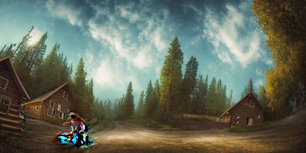 Prompt: a detailed beautiful matte painting of a skateboarder, kick flip, pilgrim village setting, log homes, dirt road, trees by Mikko Lagerstedt and Raphael Lacoste, graffiti by Fintan Magee, fisheye lens,