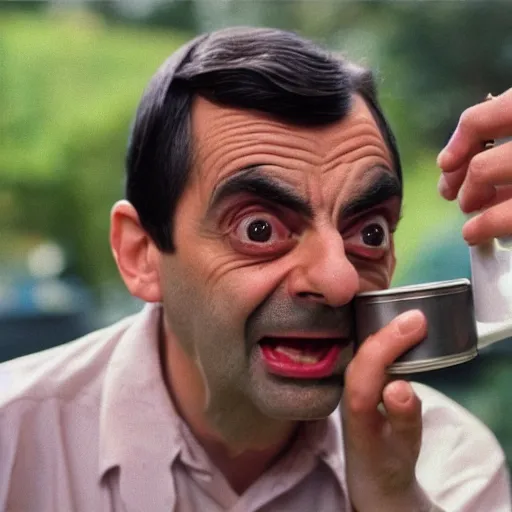 Prompt: mr bean eats a can of beans