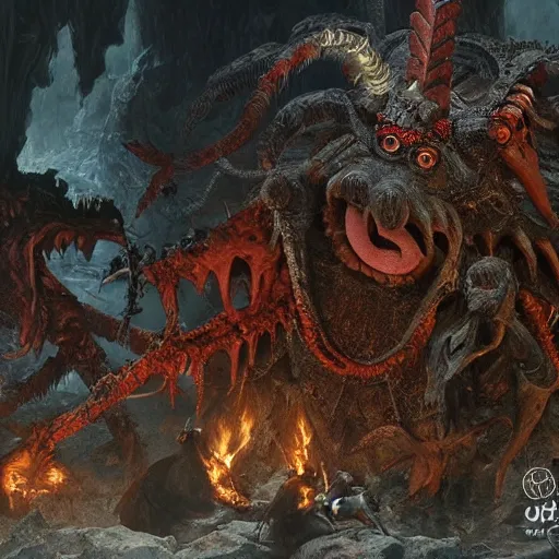 Image similar to muppets in dante's inferno with trumpeters and demons, intricate detail, royo, vallejo, frazetta, giger, whealan, hd, unreal engine,