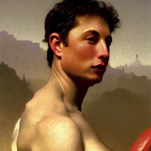 Image similar to Painting of muscular Elon Musk. Art by william adolphe bouguereau. During golden hour. Extremely detailed. Beautiful. 4K. Award winning.