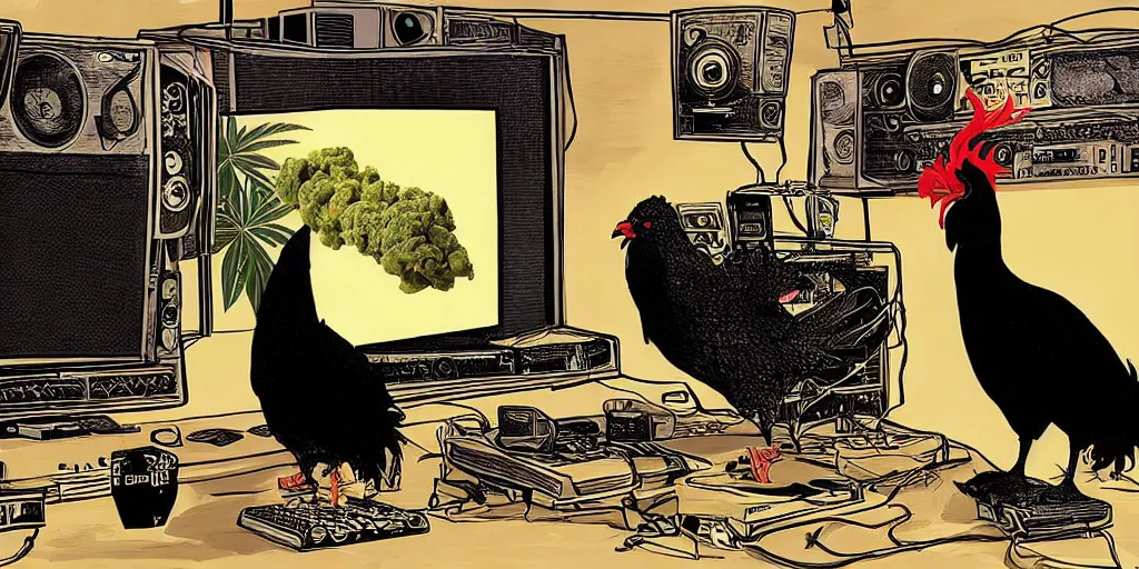 Image similar to 'black chicken'!!! smoking 'cannabis'!!!!!! in front of 'audio console'!!!! and 'multi monitors'!!!! 'in a hi-tech tv broadcasting studio'!!!!, artwork by James Gilleard