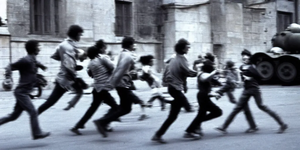 Prompt: street photography, revolution, street, city, blurred people running from tanks, closeup, film photography, 1 9 8 0 s, exposed b & w photography, robert capa photography, henri cartier - bresson photography