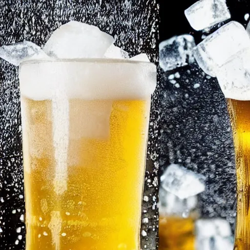 Prompt: photo of ice cubes being dropped into beer,