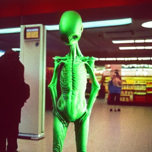 Image similar to alien standing in line at a soviet grocery store, top secret style, realistic photo, cinestill 8 0 0 t, 1 9 7 0 s, color