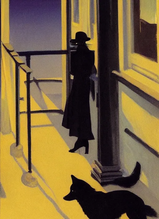 Image similar to woman with a black wolf on the night street by Edward Hopper and James Gilleard, highly detailed