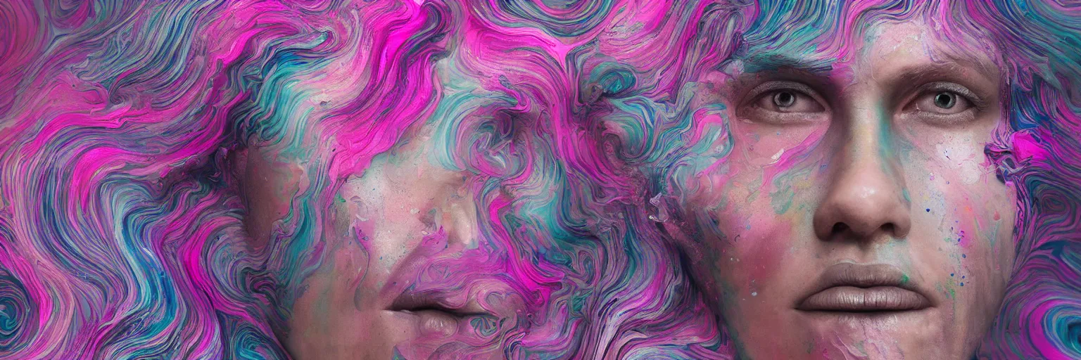 Prompt: A portrait of a very beautiful goddess with pink and grey hair radiating an artwork made of multicolored swirling paint and empasto by James Jean and WLOP , volumetric displacement by Lee Griggs, volume noise, hyperrealism, subsurface scattering, octane render, 8k, xparticles