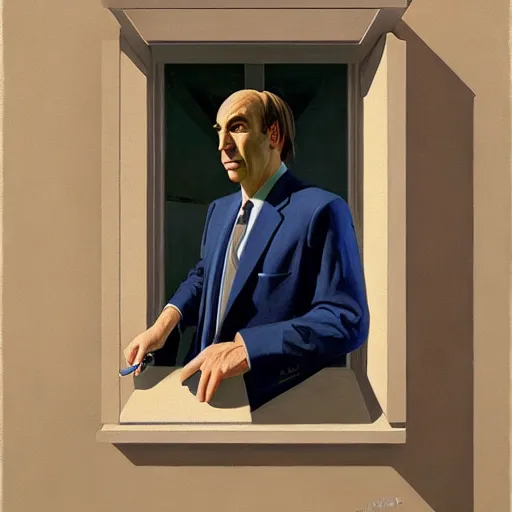 Prompt: Portrait of a Saul goodman wearing a business, very coherent, painted by Edward Hopper, Wayne Barlowe, painted by James Gilleard, airbrush, art by JamesJean
