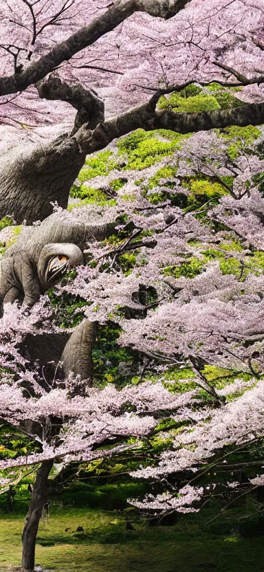 Image similar to “ a portrait photo of tyrannosaurus at a sakura tree, side shot, by shunji dodo, 8 k resolution, high quality ”