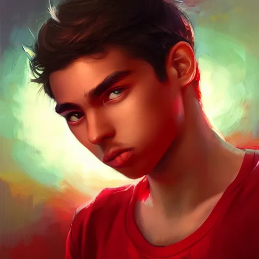 Image similar to colorful and festive captivating teenager with straight brown hair covering his eye, dark skin, big lips, big eyes, wearing a red t - shirt. rich vivid colors, ambient lighting, dynamic lighting, 4 k, atmospheric lighting, painted, intricate, highly detailed by charlie bowater