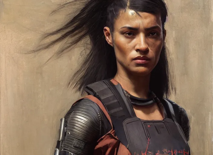 Prompt: Sonya igwe. Cyberpunk female assassin wearing stealth suit hiding from police patrol (blade runner 2049, cyberpunk 2077). Orientalist portrait by john william waterhouse and James Gurney and Theodore Ralli and Nasreddine Dinet, oil on canvas. Cinematic, hyper realism, realistic proportions, dramatic lighting, high detail 4k