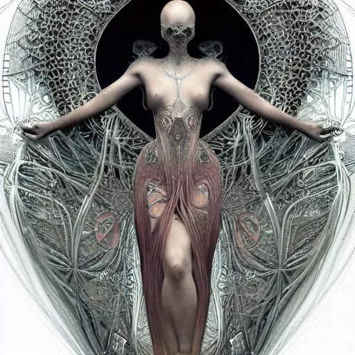 Prompt: cyberpunk art nouveau high priestess by iris van herpen, zdzisław beksinski and alphonse mucha. highly detailed, hyper - real, very beautiful, intricate fractal details, very complex, opulent, epic, mysterious, trending on deviantart and artstation