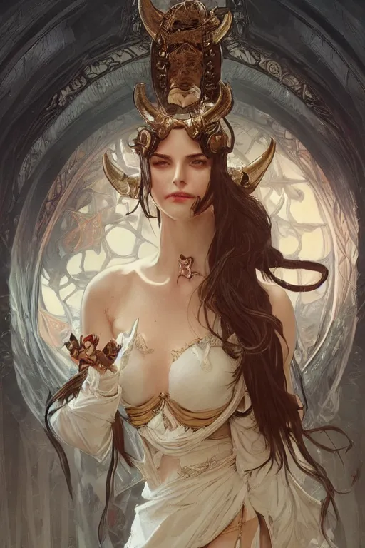 Image similar to beautiful demon peasant maiden with horns, intricate, elegant, highly detailed, digital painting, artstation, concept art, smooth, sharp focus, illustration, art by artgerm and greg rutkowski and alphonse mucha