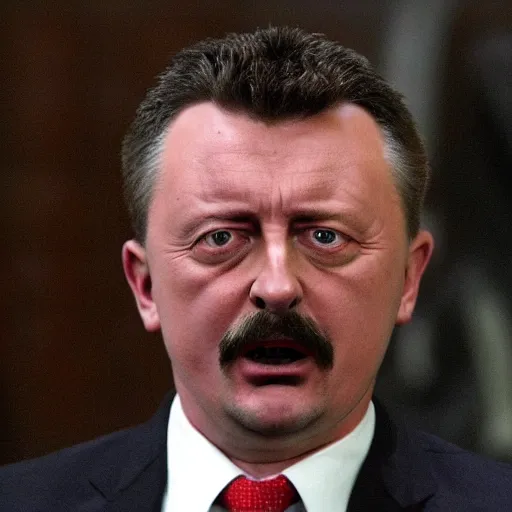 Image similar to Igor Ghirkin Strelkov as The American Psycho, sweating hard, staring schizophrenically, cinematic still