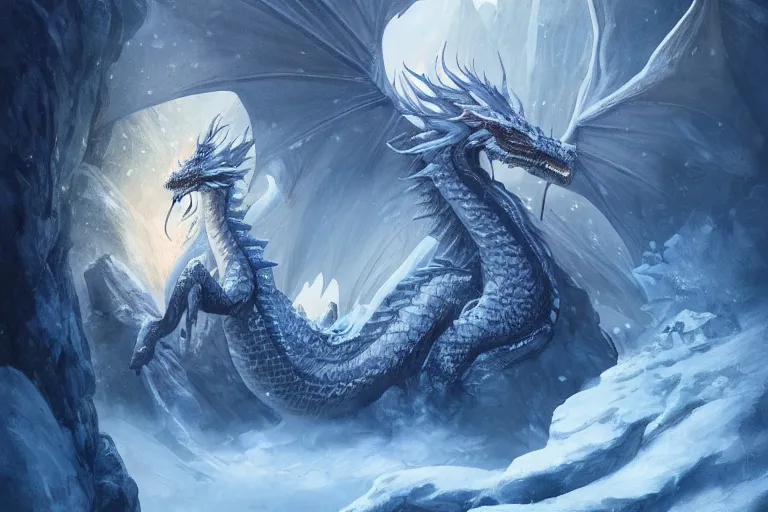 Prompt: Ice Dragon on a beautiful fantasy landscape, mountainside, winter, moonlit, HD, illustration, epic, D&D, fantasy, intricate, elegant, highly detailed, digital painting, artstation, concept art, smooth, sharp focus, illustration, wallpaper, art by artgerm and greg rutkowski and alphonse mucha and jin xiaodi