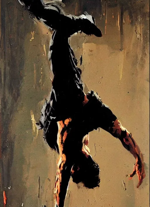 Prompt: pauly shore handstand, painting by phil hale, fransico goya,'action lines '!!!, graphic style, visible brushstrokes, motion blur, blurry, visible paint texture, crisp hd image