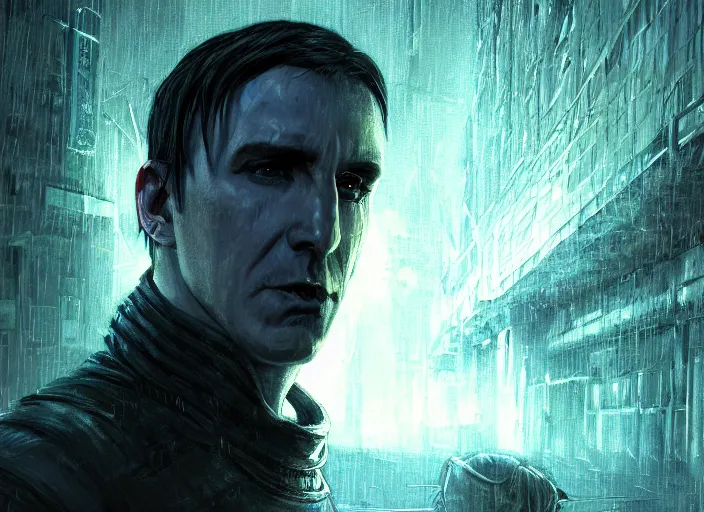 Prompt: an epic fantasy comic book style portrait painting of very beautiful imposing cyberpunk industrial goth trent reznor as snape in the rain, neon reflections, character design by mark ryden and pixar and hayao miyazaki, unreal 5, daz, hyperrealistic, octane render, cosplay, rpg portrait, dynamic lighting, intricate detail, cinematic