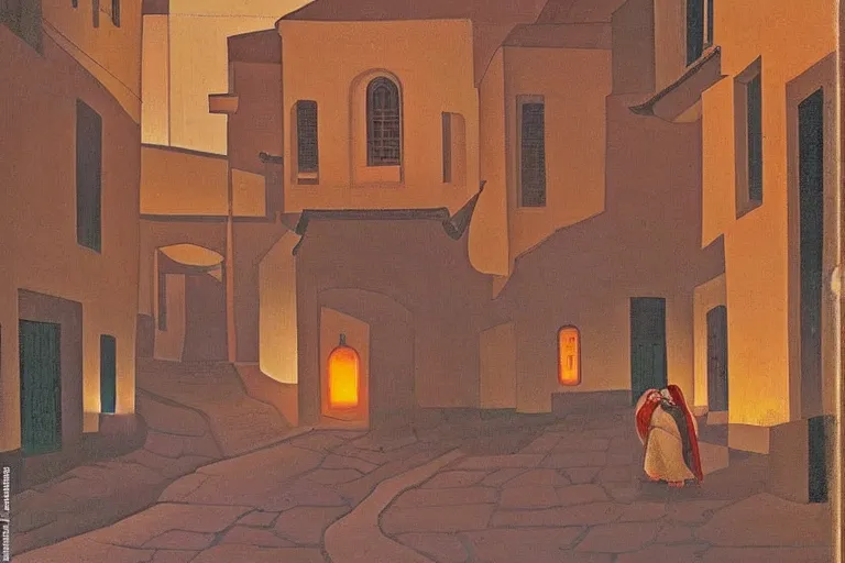 Prompt: winding street at midnight in a very old very beautiful city in saudi arabia by George Price Boyce and Nicholas Roerich and William Dyce, glowing paper lanterns, strong dramatic cinematic lighting , ornate tiled architecture, lost civilizations, smooth, sharp focus, extremely detailed