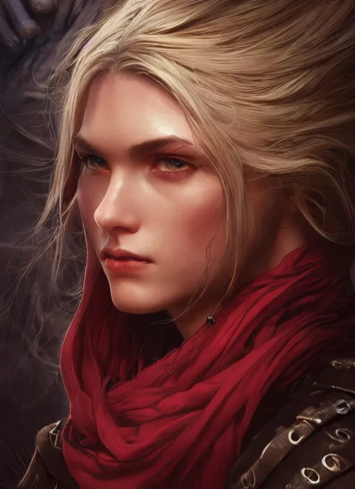 Image similar to vertical portrait of a ruggedly handsome female cleric, soft hair, close - up face, leather, witchy, d & d, fantasy, intricate, elegant, highly detailed, digital painting, artstation, concept art, smooth, sharp focus, illustration, art by artgerm and greg rutkowski and alphonse mucha, plain red background