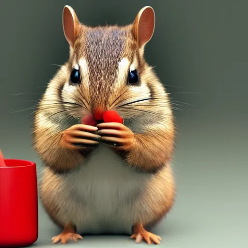 Image similar to a high quality photo of a chipmunk wearing a red suit and eating, render, ultra realistic, cgsociety