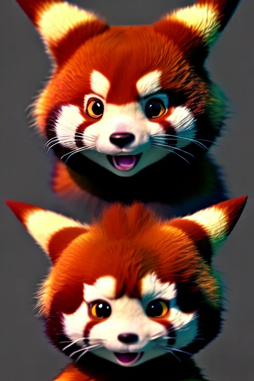 Image similar to high quality 3 d render hyperrealist very cute happy red panda & cat hybrid, vray smooth, detective pikachu, very dramatic light, low angle, uhd 8 k, shallow depth or field