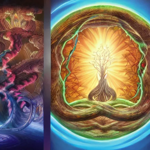 Prompt: yggdrasil the tree of life, avatar the last airbender, Alex Grey, Studio Ghibli, mobius, k pop, featured on artstation