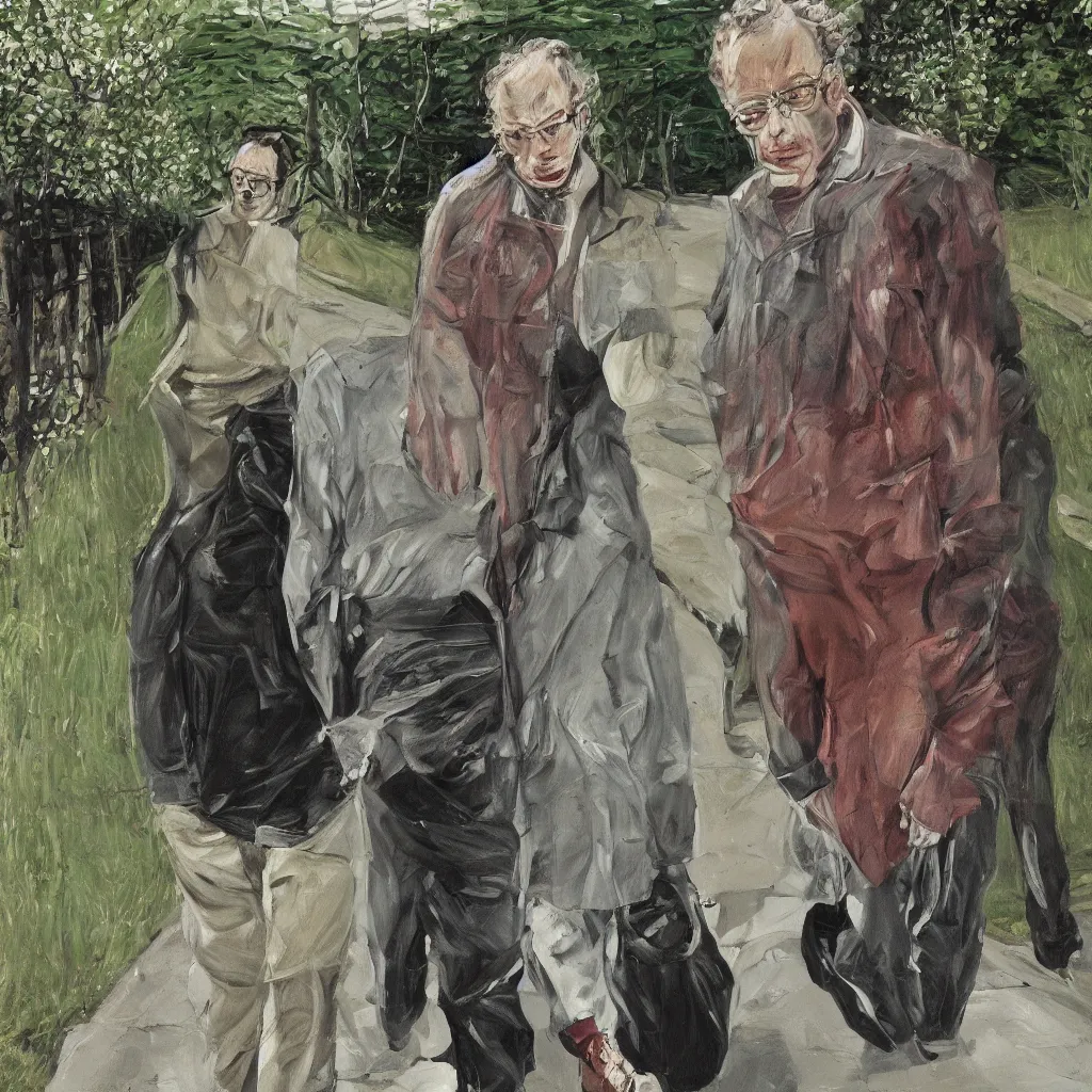 Image similar to high quality high detail painting of todd solondz walking with a friend by lucian freud and francis bacon, hd, photorealistic lighting