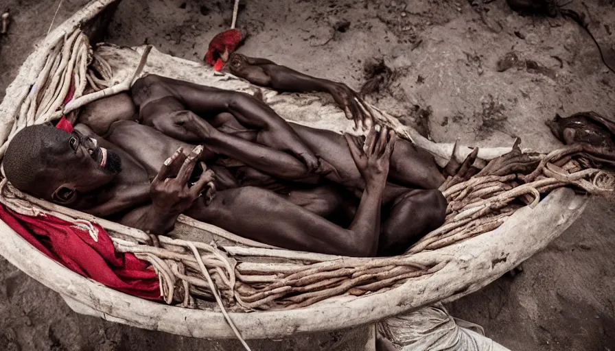 Image similar to movie still by djibril diop mambety of a man in a barque made of flesh on a blood river, leica sl 2, heavy grain, high quality, high detail