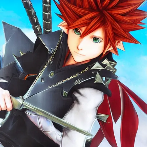 Image similar to a red haired boy with green eyes spiky hair holding an oversized elaborate Lance. Detailed. kingdom hearts concept art. Square enix. Tatsuya Nomura. By Shigenori Soejima.