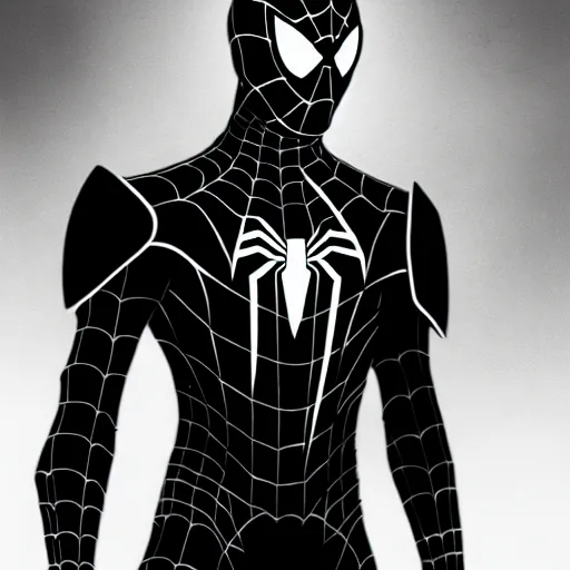 Image similar to all black futuristic depiction of an armored cyberpunk spiderman, futuristic style spiderman, cyberpunk, comic book art