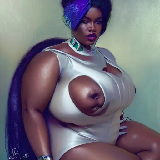 Image similar to cyberpunk fat oprah winfrey head domme mistress, full body, dominatrix, tribal, smooth white tight clothes suit, ornate, very beautiful, concept art, realistic painting, androgynous, afrofuturism, daz 3 d, cinematic, cgsociety, digital art by greg rutkowski, by alphonse mucha,