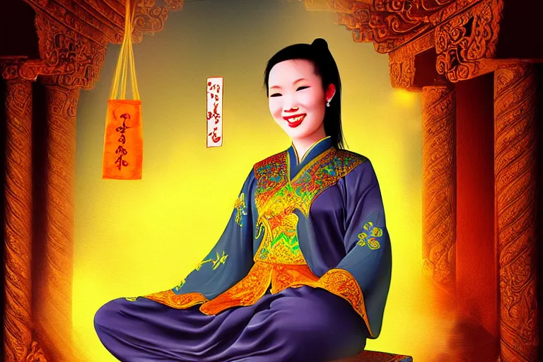 Image similar to vietnamese smiling sitting goddess, pro photo mystical temple night, tea vapors, detailed soft digital fantasy art