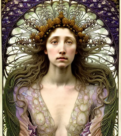 Image similar to beautiful young flower queen detailed realistic porcelain face portrait by jean delville, gustave dore, iris van herpen and alphonse mucha, art forms of nature by ernst haeckel, art nouveau, symbolist, visionary, gothic, neo - gothic, pre - raphaelite, fractal lace, intricate alien botanicals, surreality, hyperdetailed ultrasharp octane render