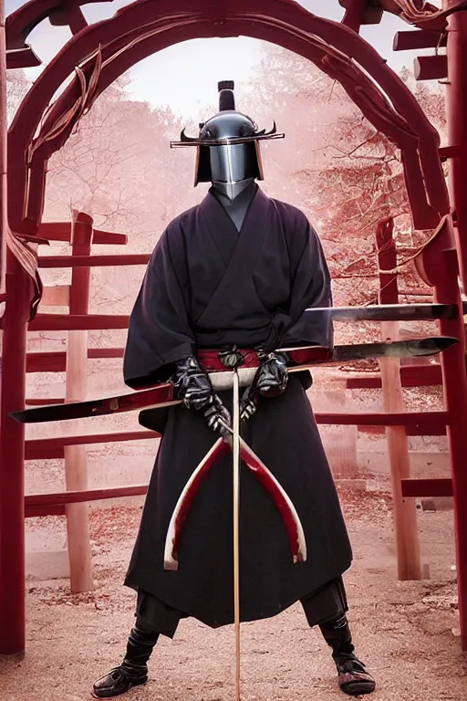 Prompt: a godlike and indomitable helmeted and masked samurai posing with their realistic detailed katana and wakizashi under an enormous Torii gate, the Japanese red rising sun in the coming up in background. Badass pose. Photo realistic. Gregory crewdson. Award winning. Masterpiece, exquisite detail, post processing