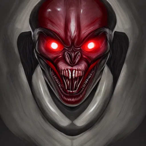 Image similar to portrait of an intimidating glowing scary giant, face and skin is dark red, glowing eyes, glowing veins of white, hero, villain, concept art, xenomorph, centered