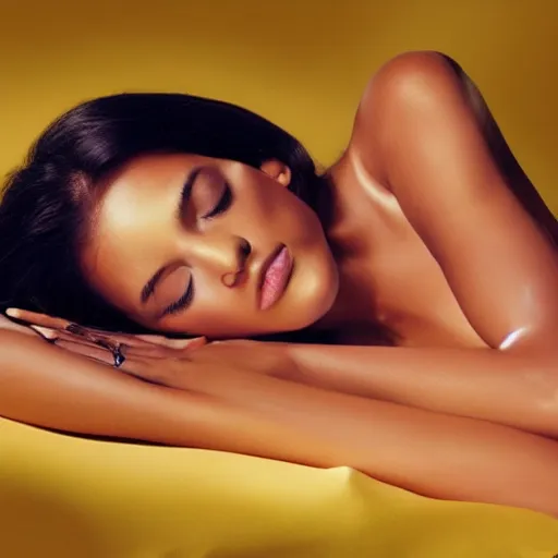 Prompt: beautiful supermodel body sleeping in golden fluid