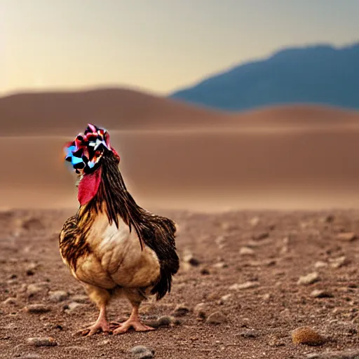 Image similar to realistic photograph of a chicken in a desert, high quality