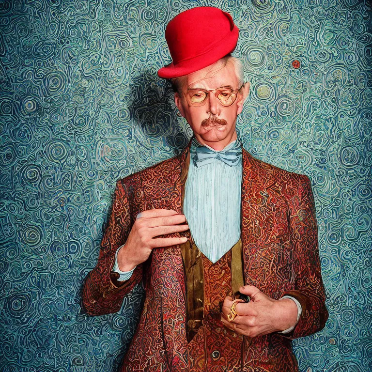 Prompt: vogue photoshoot octane render portrait by wayne barlow and carlo crivelli and glenn fabry, a handsome eccentric man in a bright colorful patterned pastel wes anderson elevator operator costume inside a dark and moody vintage elevator in a high - end exotic vintage boutique hotel, very short depth of field, bokeh