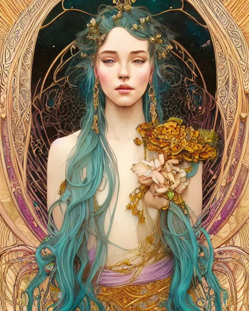 Image similar to an ethereal goddess with turquoise hair | highly detailed | very intricate | art nouveau | gold filigree | romantic storybook fantasy | soft cinematic lighting | award - winning | disney concept art watercolor illustration by mandy jurgens and alphonse mucha and alena aenami | pastel color palette | featured on artstation