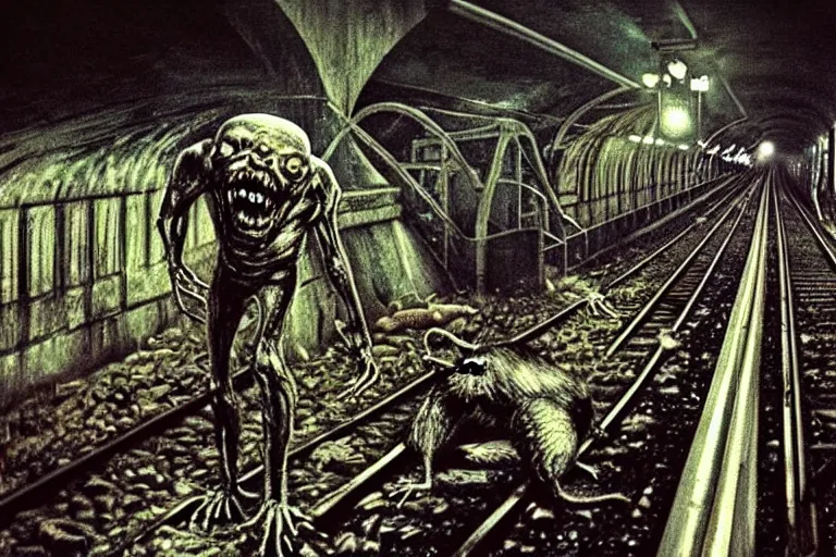 Image similar to very large giant mutant zombie irradiated angry rat sraying on railways in tonnel of moscow subway. extreme high detail, very realistic. low dark light, scary mood. giger and hermann nitsch