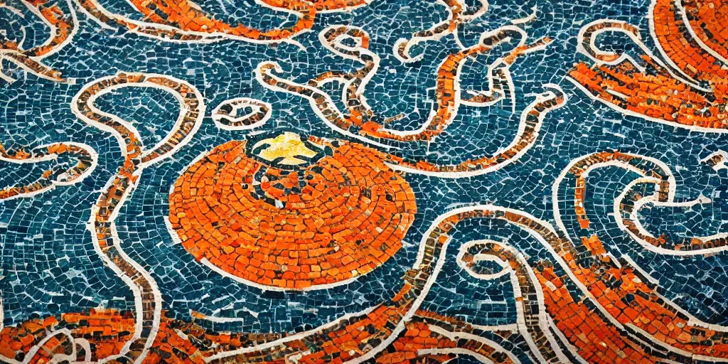 Prompt: roman mosaics of a orange kraken sinking a boat